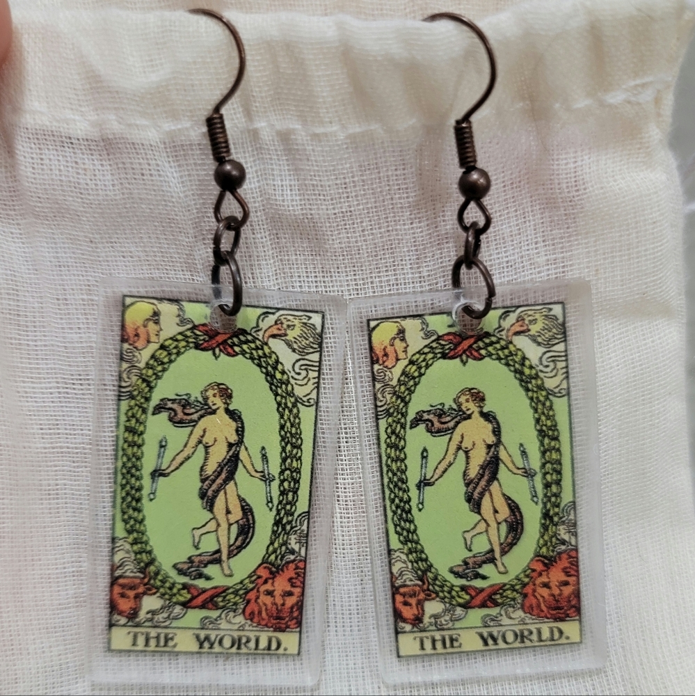Tarot Card "The World" Copper Ox Resin Earrings